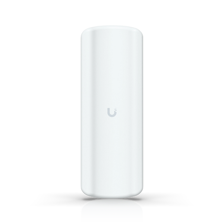 Dispositivo cilíndrico blanco de puente inalámbrico Ubiquiti UniFi con logotipo gris sobre fondo blanco