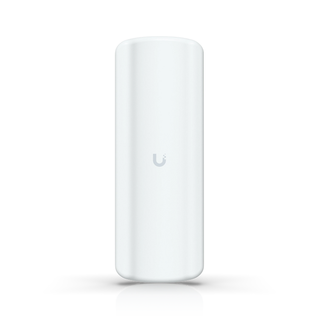 Dispositivo cilíndrico blanco de puente inalámbrico Ubiquiti UniFi con logotipo gris sobre fondo blanco