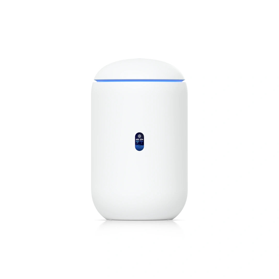 Enrutador Ubiquiti UniFi Dream blanco con diseño cilíndrico y anillo LED azul brillante en la parte superior.