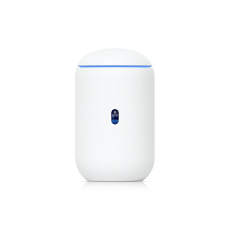 Enrutador Ubiquiti UniFi Dream blanco con diseño cilíndrico y anillo LED azul brillante en la parte superior.