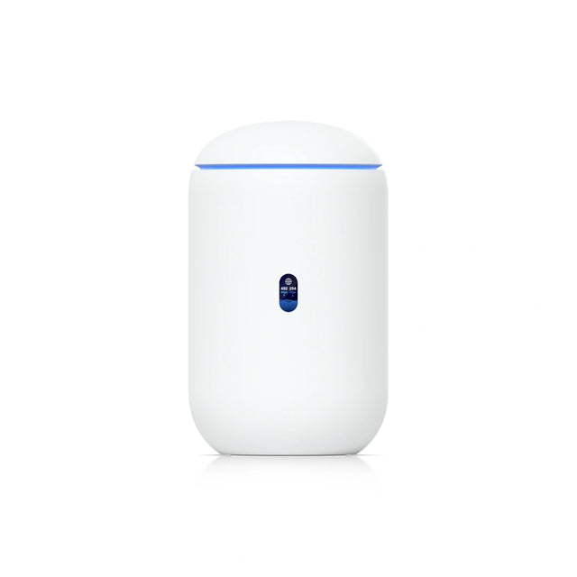 Enrutador Ubiquiti UniFi Dream blanco con diseño cilíndrico y anillo LED azul brillante en la parte superior.