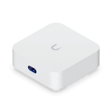 Vista isométrica del dispositivo blanco Ubiquiti UniFi Express 7 con esquinas redondeadas y pantalla azul