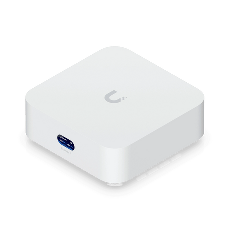 Vista isométrica del dispositivo blanco Ubiquiti UniFi Express 7 con esquinas redondeadas y pantalla azul