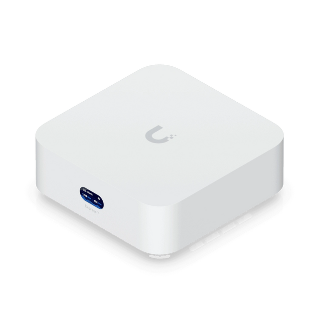 Vista isométrica del dispositivo blanco Ubiquiti UniFi Express 7 con esquinas redondeadas y pantalla azul