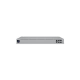 Dispositivo firewall empresarial Ubiquiti plateado con carcasa metálica, botones de control y múltiples interfaces de red de