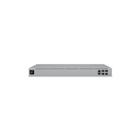 Dispositivo firewall empresarial Ubiquiti plateado con carcasa metálica, botones de control y múltiples interfaces de red de