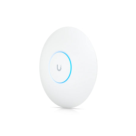 Vista frontal del equipo de red empresarial ubiquiti con logo gris y luz azul