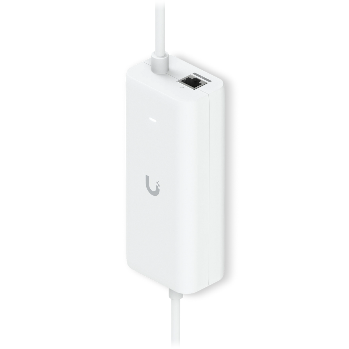 Inyector PoE+ blanco Ubiquiti con puerto Ethernet RJ45 y cables conectados sobre fondo claro