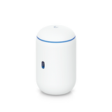 Enrutador cilíndrico blanco Ubiquiti UniFi con anillo LED azul y pantalla lateral de estadísticas