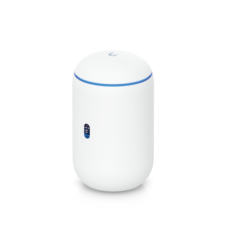 Enrutador cilíndrico blanco Ubiquiti UniFi con anillo LED azul y pantalla lateral de estadísticas
