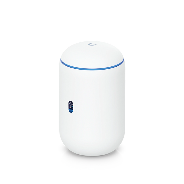 Enrutador cilíndrico blanco Ubiquiti UniFi con anillo LED azul y pantalla lateral de estadísticas