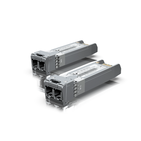 Par de transceptores UniFi grises con conectores LC y etiquetas UF-MM-10G