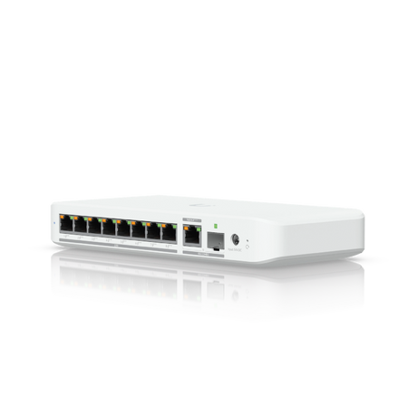 Vista frontal del switch Ubiquiti UniFi 210W blanco con puertos PoE++ y LED indicadores
