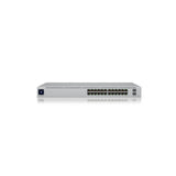 Vista directa frontal del UniFi Switch 450W con interfaz de control, veinticuatro puertos Gigabit Ethernet y dos puertos SFP+