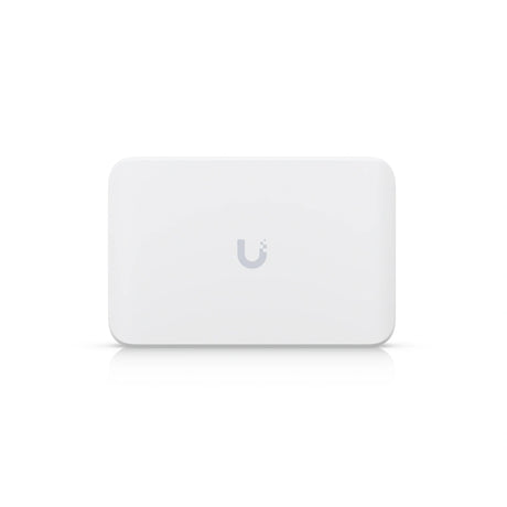 Vista frontal del switch Ubiquiti UniFi blanco con diseño minimalista y logotipo gris centrado