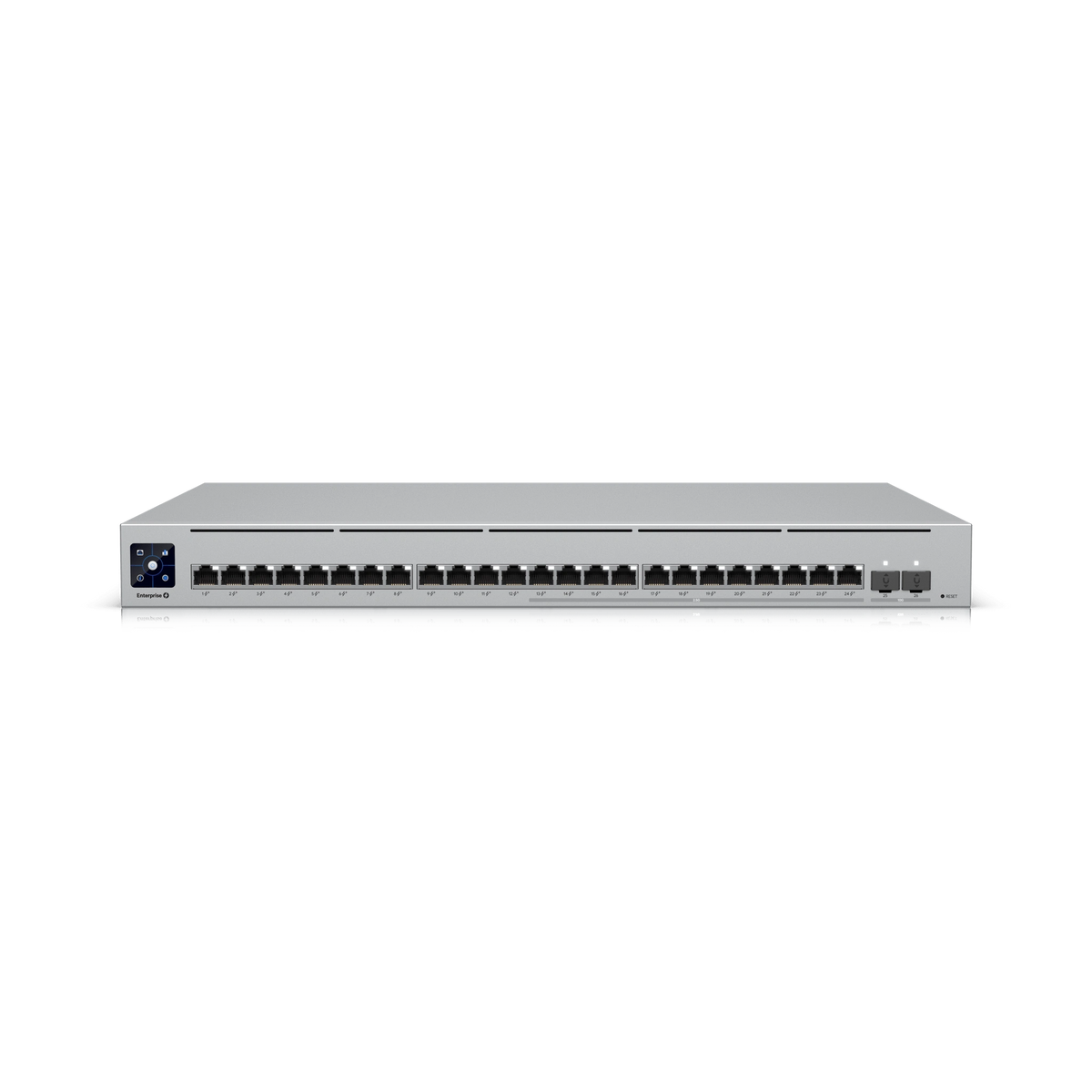Vista frontal del switch empresarial Ubiquiti con 24 puertos PoE+, dos SFP+ 10GbE y pantalla LCD informativa
