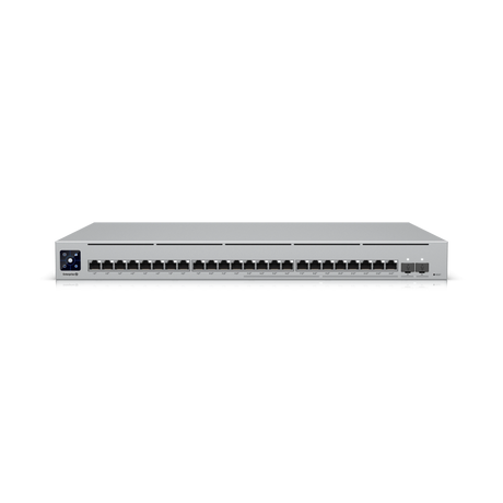 Vista frontal del switch empresarial Ubiquiti con 24 puertos PoE+, dos SFP+ 10GbE y pantalla LCD informativa
