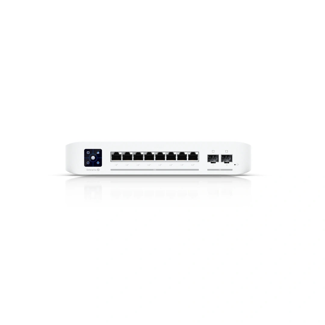Vista frontal directa del switch de red con ocho puertos Ethernet, dos puertos fibra y panel táctil interactivo