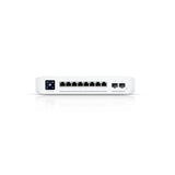 Vista frontal directa del switch de red con ocho puertos Ethernet, dos puertos fibra y panel táctil interactivo