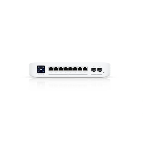 Vista frontal directa del switch de red con ocho puertos Ethernet, dos puertos fibra y panel táctil interactivo