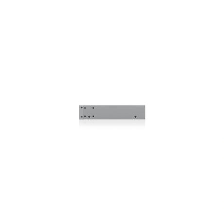 Perfil lateral del chasis metálico compacto del switch de red Ubiquiti UniFi color plata sobre fondo blanco