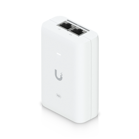 Inyector PoE+ blanco Ubiquiti con dos puertos RJ45 negros y logotipo gris en el panel frontal