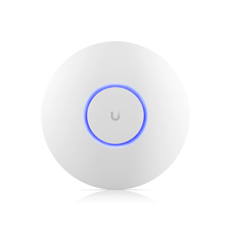 Punto de acceso wifi 6 empresarial blanco circular con anillo LED azul brillante y logotipo gris central