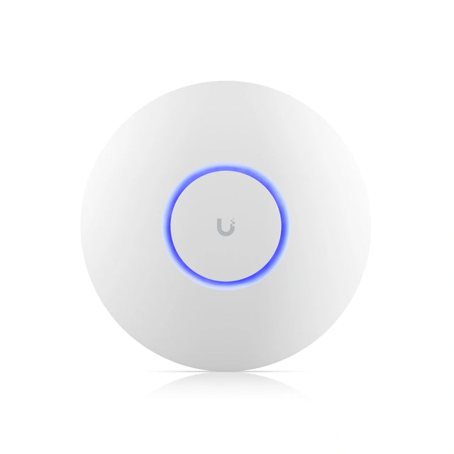 Punto de acceso wifi 6 empresarial blanco circular con anillo LED azul brillante y logotipo gris central