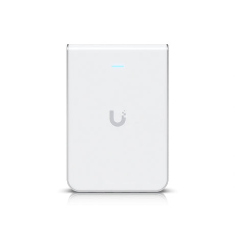 Vista frontal de un punto de acceso Ubiquiti UniFi WiFi 6 blanco con diseño minimalista y luz LED azul