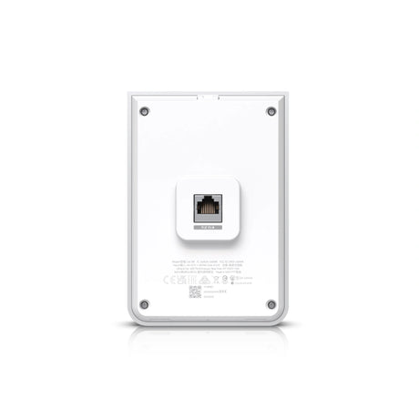 Vista trasera del router inalámbrico interior mostrando puerto PoE IN central y orificios para tornillos