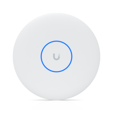 Punto de acceso WiFi 7 empresarial blanco circular con logotipo U gris y anillo LED azul iluminado