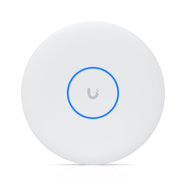 Punto de acceso WiFi 7 empresarial blanco circular con logotipo U gris y anillo LED azul iluminado