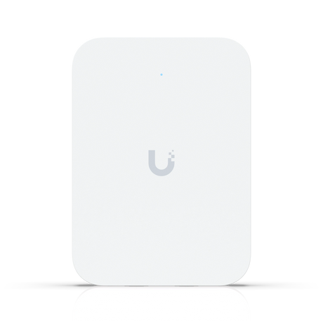 Acceso punto blanco Ubiquiti UniFi WiFi 7 con logotipo gris y luz LED azul frontal
