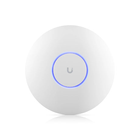 Punto de acceso Ubiquiti WiFi 7 blanco circular con anillo LED azul iluminado y logotipo central gris sobre superficie mate