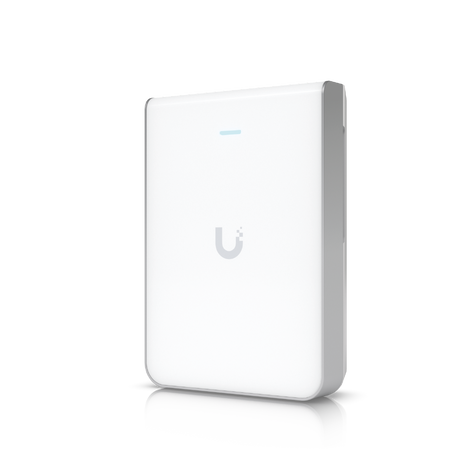 Punto de acceso WiFi 7 Ubiquiti blanco en ángulo tres cuartos con luz LED azul encendida