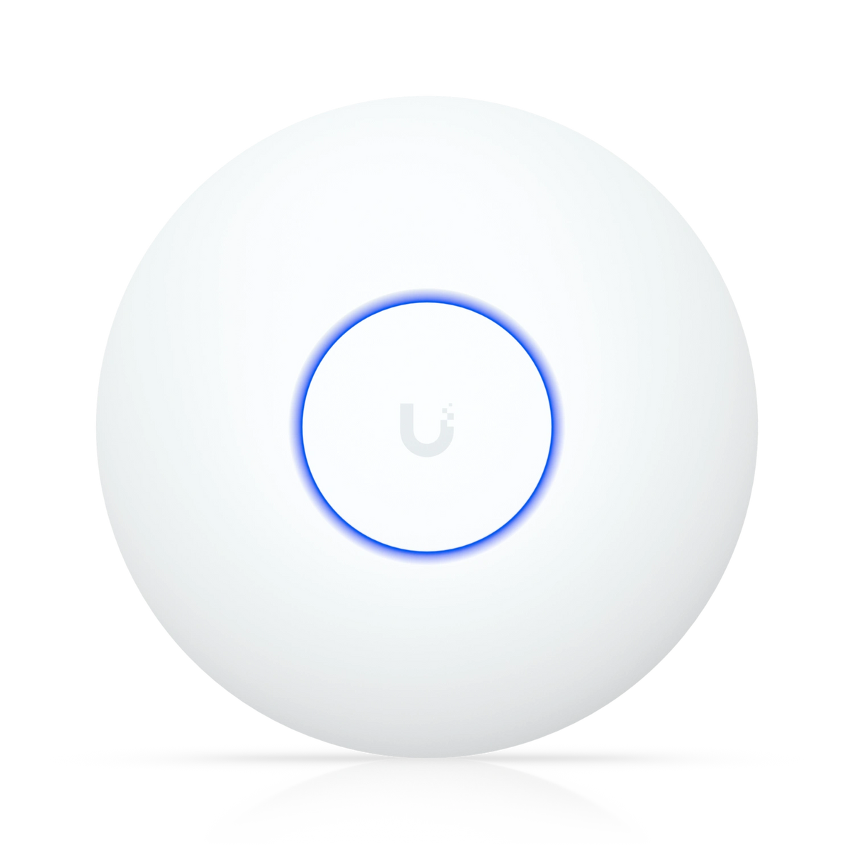 Punto de acceso Ubiquiti UniFi WiFi 7 blanco circular con anillo LED azul iluminado y logotipo gris central