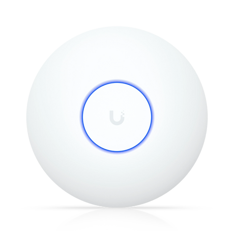 Punto de acceso Ubiquiti UniFi WiFi 7 blanco circular con anillo LED azul iluminado y logotipo gris central