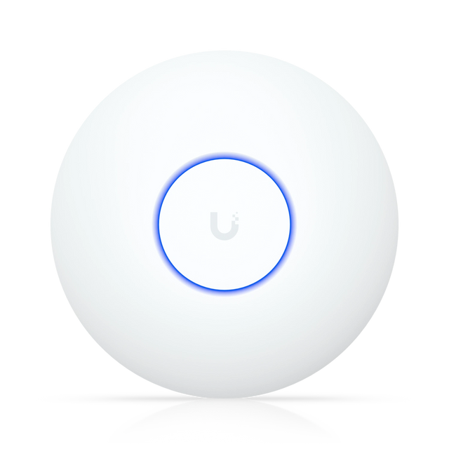 Punto de acceso Ubiquiti UniFi WiFi 7 blanco circular con anillo LED azul iluminado y logotipo gris central