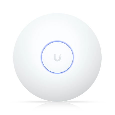 Punto de acceso Ubiquiti UniFi WiFi 7 blanco circular con logotipo gris y anillo LED azul iluminado