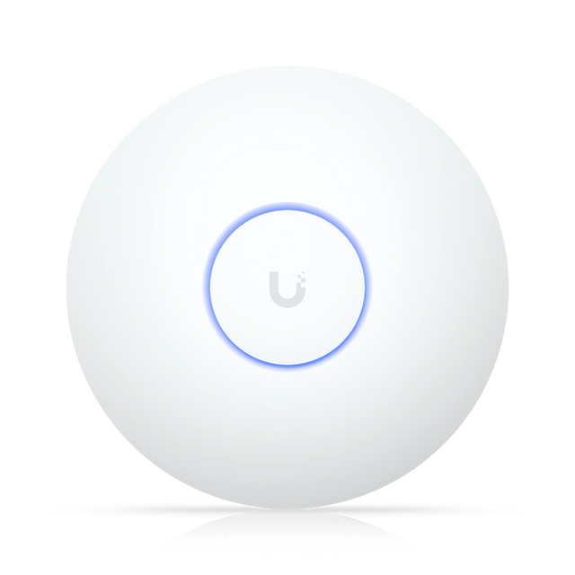 Punto de acceso Ubiquiti UniFi WiFi 7 blanco circular con logotipo gris y anillo LED azul iluminado