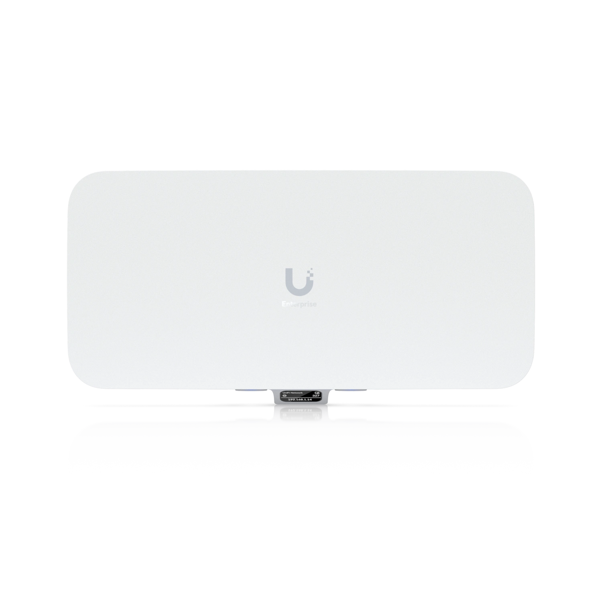 Punto de acceso Ubiquiti blanco con diseño rectangular, logo gris y etiquetas LED en fondo limpio
