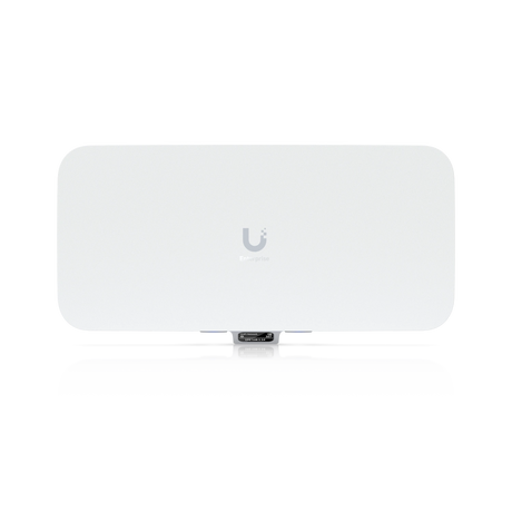 Punto de acceso Ubiquiti blanco con diseño rectangular, logo gris y etiquetas LED en fondo limpio