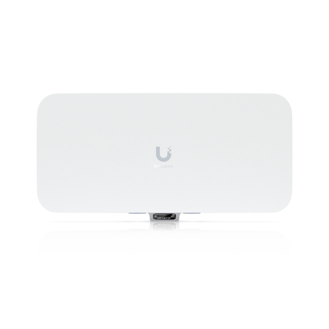 Punto de acceso Ubiquiti blanco con diseño rectangular, logo gris y etiquetas LED en fondo limpio