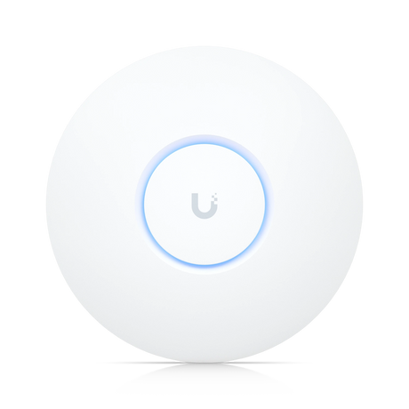 Punto de acceso Ubiquiti UniFi blanco circular con luz LED azul central y logotipo gris sobre fondo limpio
