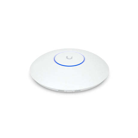 Plano cenital del punto de acceso circular con logotipo central, anillo de luz azul y ranuras de ventilación en el borde