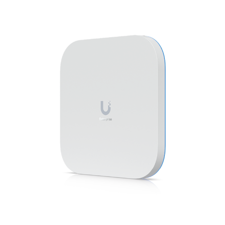 Punto de acceso WiFi 7 interior blanco cuadrado con borde azul y logo gris