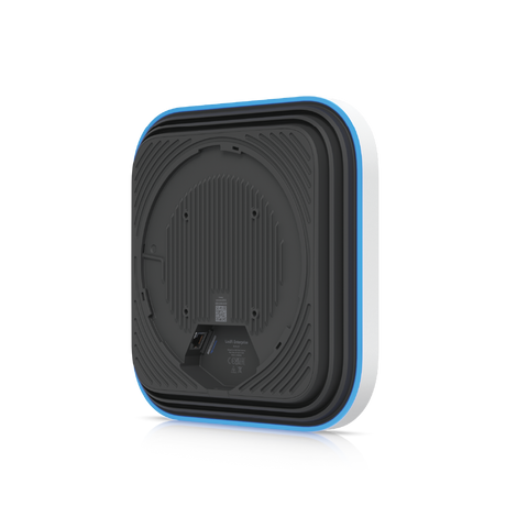 Lateral del router wifi empresarial mostrando carcasa blanca, borde azul y puertos traseros