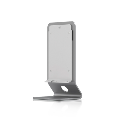 Soporte de aluminio gris con tornillos traseros y orificio circular para cables