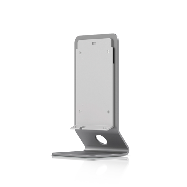 Soporte de aluminio gris con tornillos traseros y orificio circular para cables