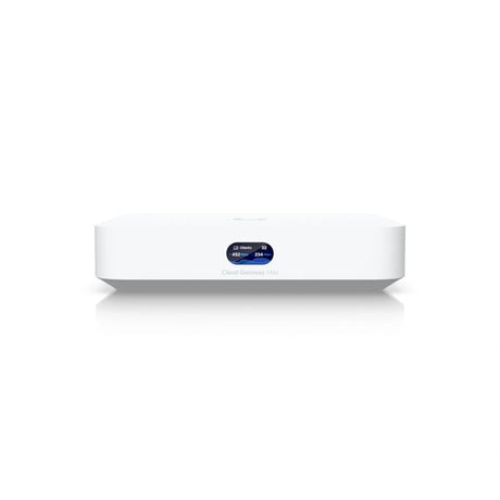 Vista frontal del gateway UniFi blanco con pantalla LCD a color mostrando estadísticas de red y clientes
